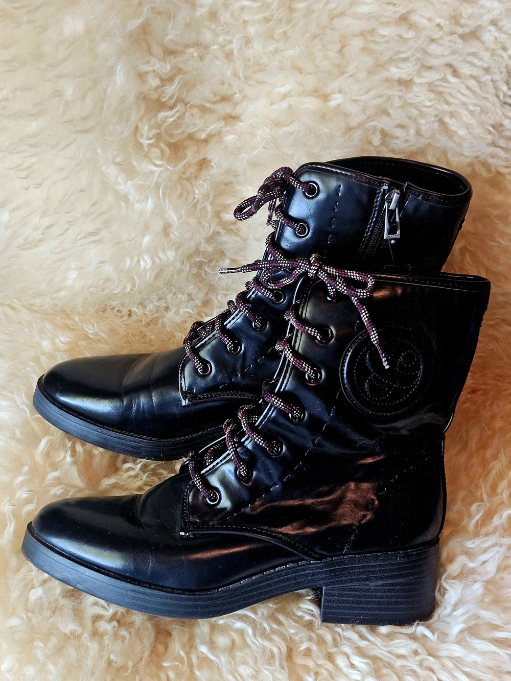 Sam & Libby Vegan Black Combat Moto Boots with Burgundy-Accented Laces 8.5M